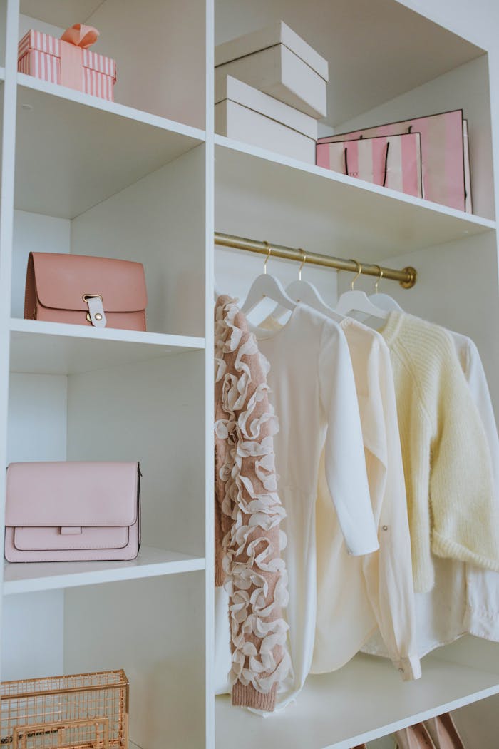 about-01 Stylish feminine wardrobe with clothes, bags, and gifts neatly organized on shelves.